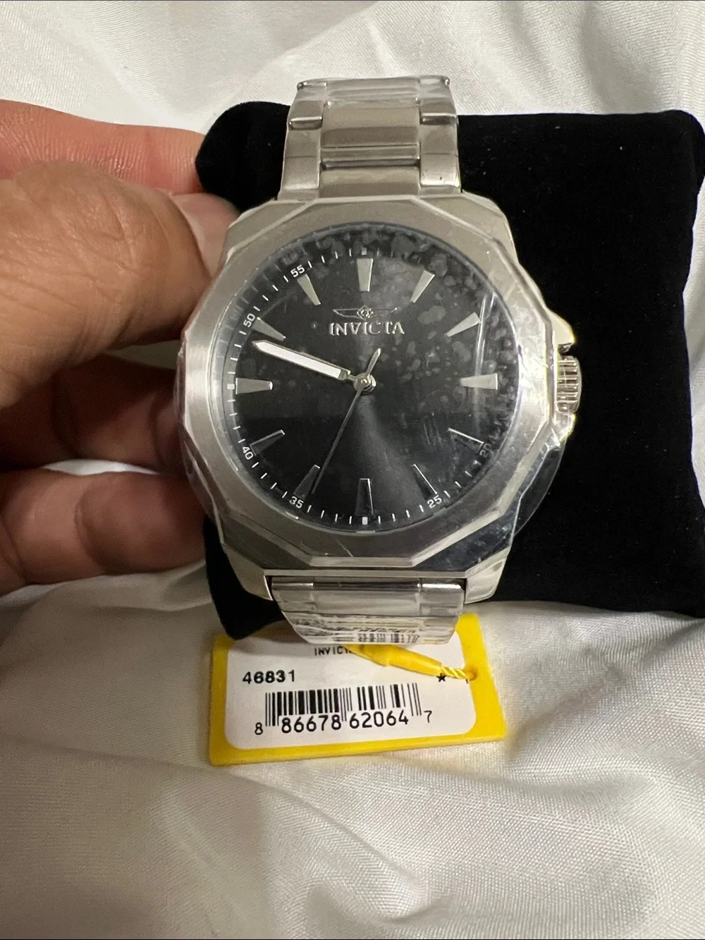 Invicta Men’s Silver Stainless Steel Watch with Black Dial and Octagonal Bezel